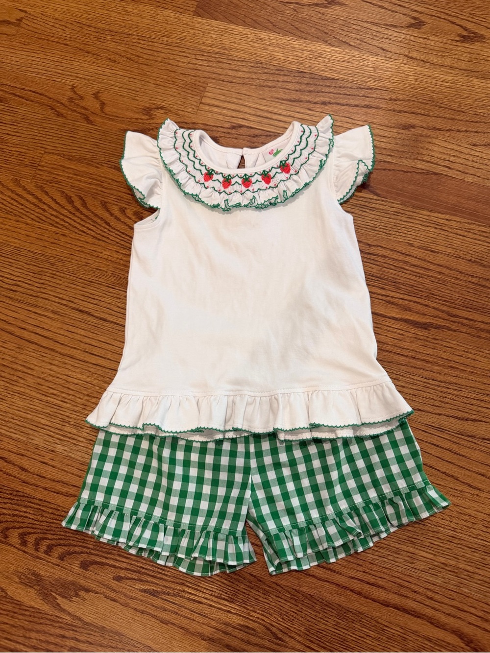 White & Green Gingham Kids Matching Set with Ruffle Collar